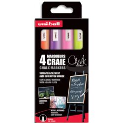 UNI-BALL Pochette 4 marqueurs craie CHALK. Pointe conique 1,8-2,5mm. Fluo : Jaune, Orange, Rose et violet