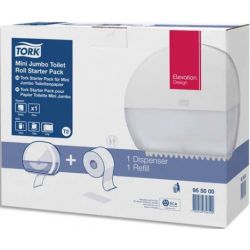 TORK Pack T2 Starter Distributeur de papier toilette + recharge Premium Mini Jumbo 170 m doux Blanc