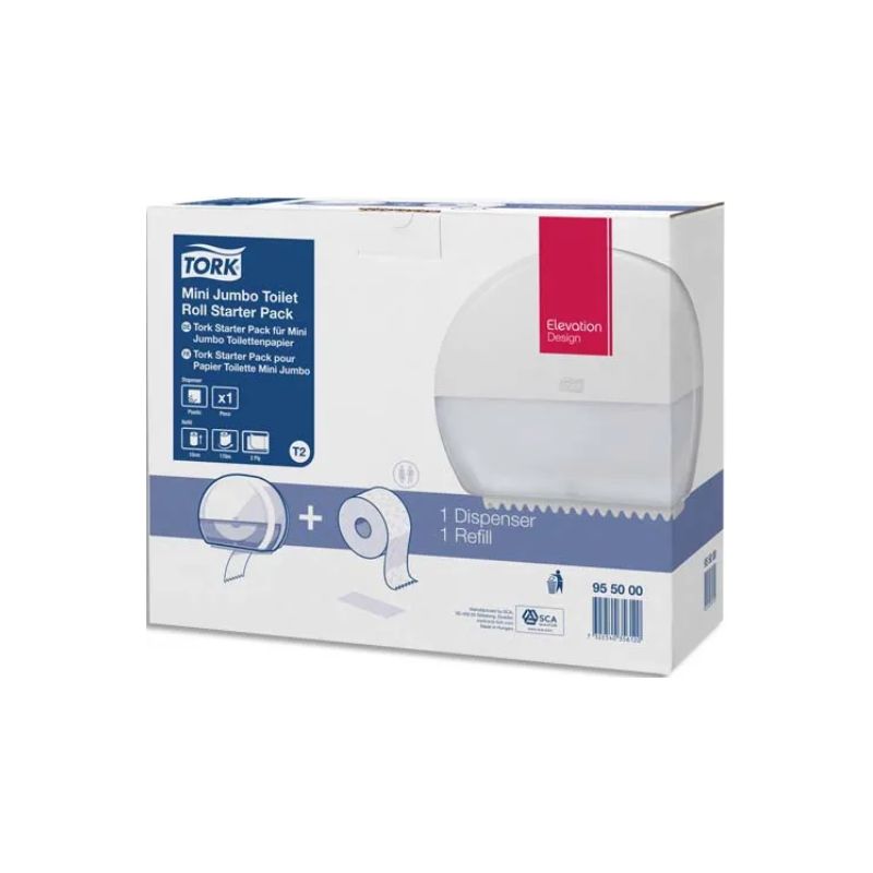 TORK Pack T2 Starter Distributeur de papier toilette + recharge Premium Mini Jumbo 170 m doux Blanc