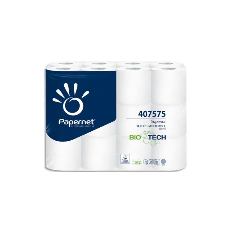 PAPERNET Paquet de 24 rouleaux de Papier toilette Bio Tech 2 plis pure cellulose 180 fts L19,80m Blanc