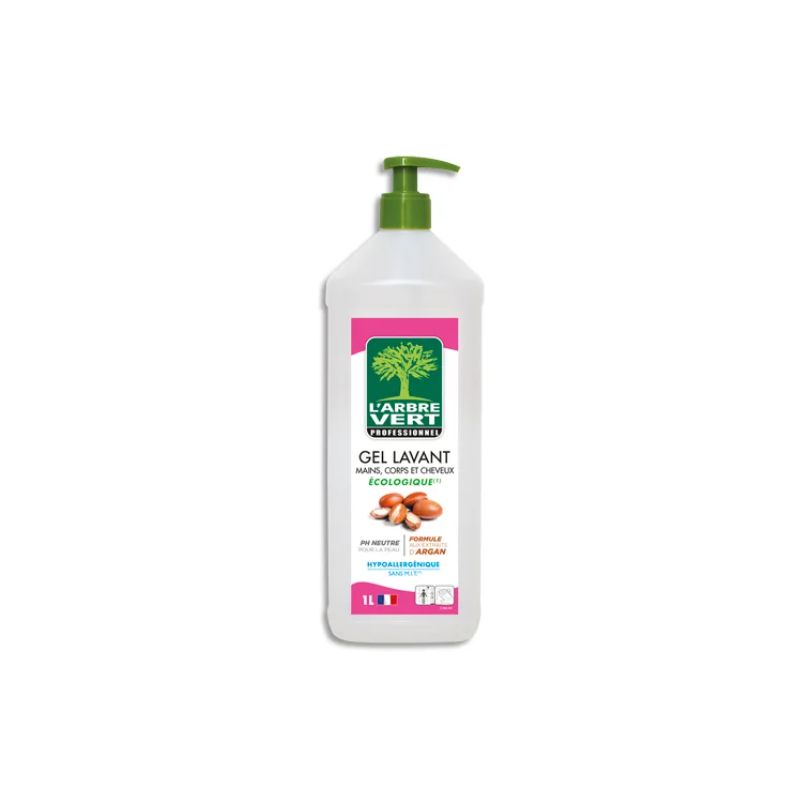 L'ARBRE VERT Flacon poussoir 1 Litre Gel lavant mains corps cheveux parfum karité ambre sans colorant