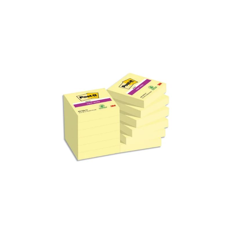 POST-IT Lot de 12 blocs repositionnables Super Sticky 90 feuilles Jaune 4,76 X 4,76 mm