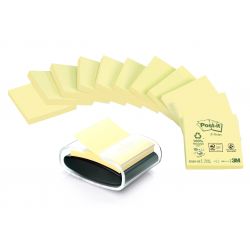 POST-IT Pack de 12 blocs Z -Notes Jaunes 100 feuilles 76x76mm 100% recyclées avec dévidoir offert