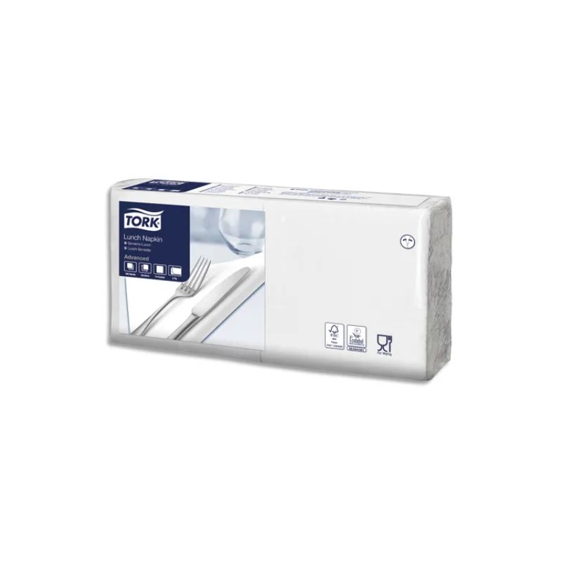 TORK Paquet de 200 Serviettes LunchNap blanches 2 plis - Format : 33 x 33 cm Ecolabel