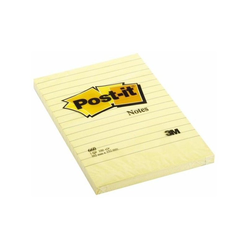 POST-IT Bloc repositionnable de 100 feuilles 102 x 152 mm Jaune ligné