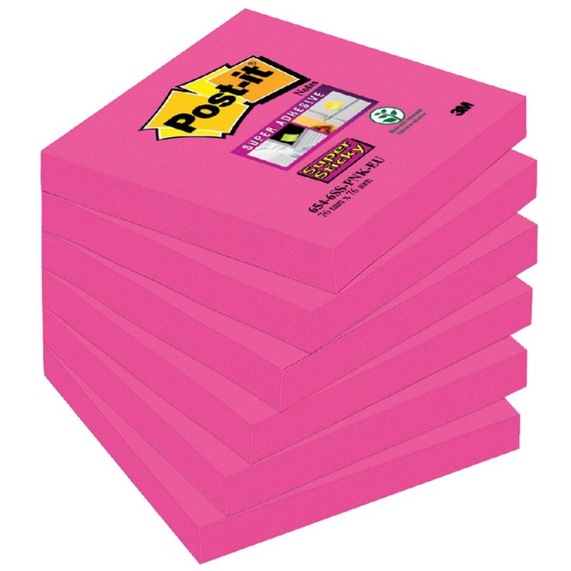 POST-IT Lot de 6 blocs Super Sticky 90 feuilles Rose 76 x 76 mm