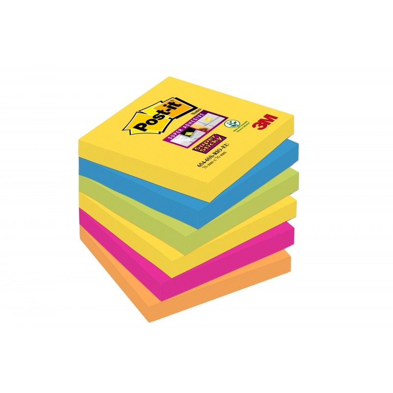 POST-IT Lot de 6 blocs Notes Super Sticky POST-IT® couleurs RIO 90 feuilles 76 x 76 mm