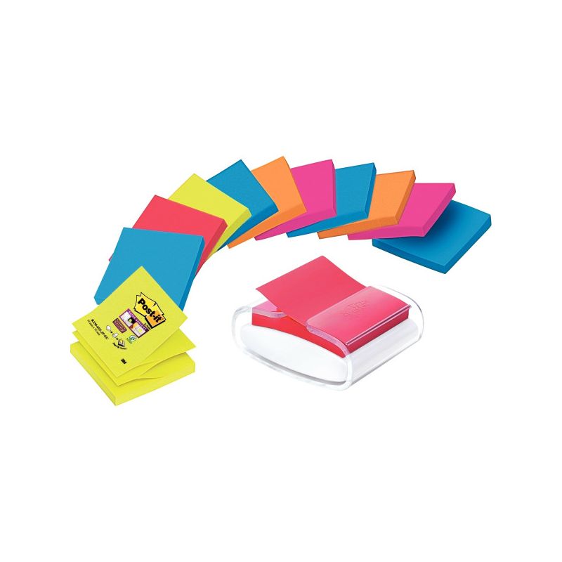 POST-IT Dévidoir Z-notes Pro Blanc rechargeable + 12 blocs Z-notes Super Sticky assortis 76 x 76 mm