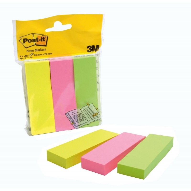 POST-IT 3 blocs de 100 marque-pages standards format 25x76mm coloris assortis