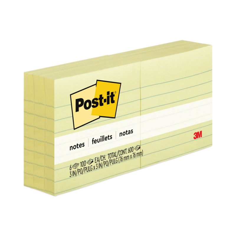 POST-IT Lot de 6 blocs repositionnables de 100 feuilles 76 x 76mm Jaune ligné