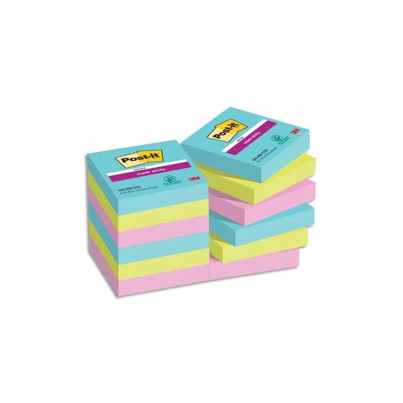 POST-IT Lot de 12 blocs notes Super Sticky Collection MIAMI 47,6x47,6 mm 90 feuilles