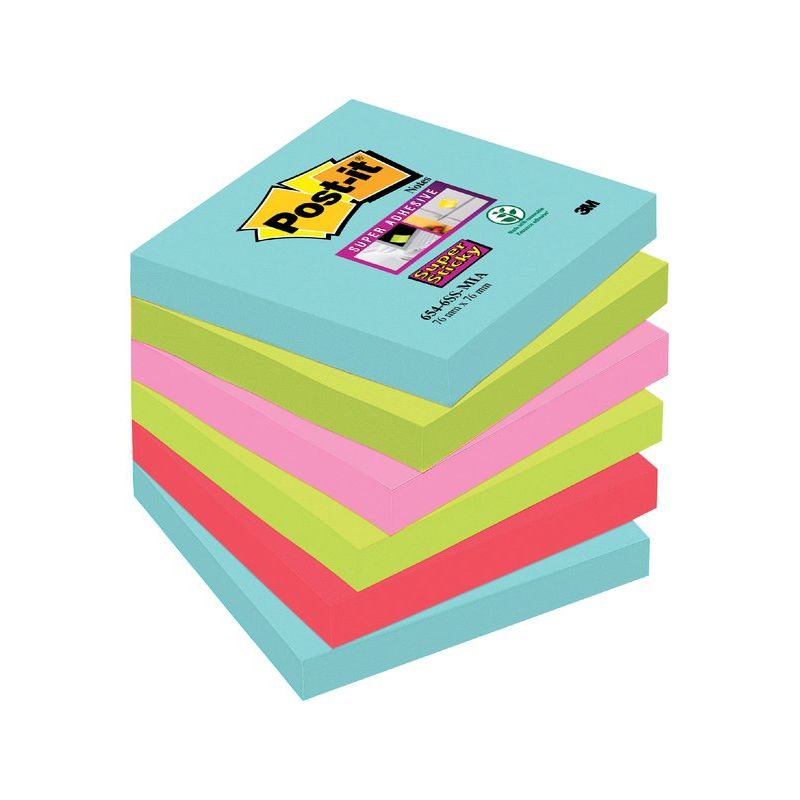 POST-IT Lot de 6 blocs Notes Super Sticky couleurs MIAMI 90 feuilles 76 x 76 mm