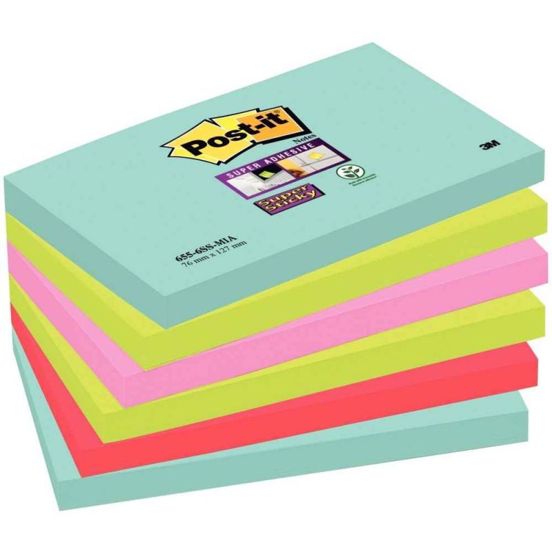 POST-IT Lots de 6 blocs Notes Super Sticky couleurs MIAMI 90 feuilles 76 x 127 mm