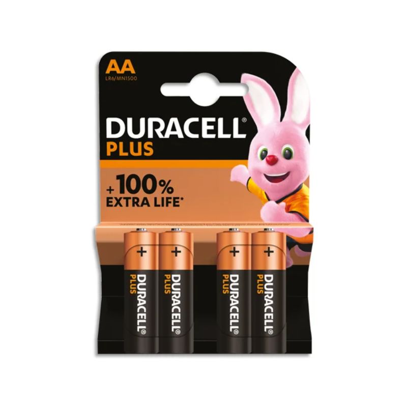 DURACELL Piles alcalines AA Plus 100%, 1,5V LR6 MN1500, lot de 4 piles