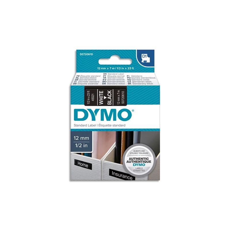 DYMO Ruban nylon D1 12mmx7m Blanc sur Noir 16957