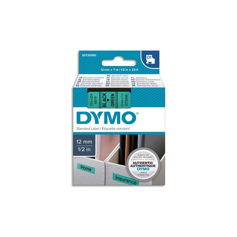 DYMO Ruban D1 Noir/vert 12MMX7M pour 1000/1000+/2000/3500/4500/5000/5520