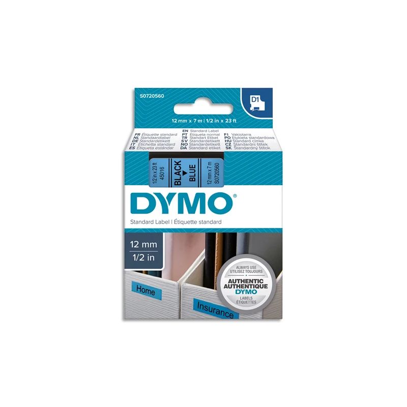 DYMO Ruban D1 Noir/Bleu 12MMX7M pour 1000/1000+/2000/3500/4500/5000/5517  S0720560