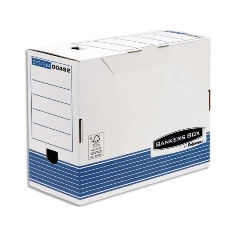 BANKERS BOX Boîte archives dos 15cm SYSTEM, montage automatique, carton recyclé blanc/bleu