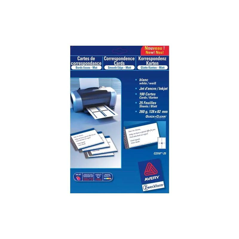 AVERY Pochette de 100 cartes de correspondance 82x128mm Quick&Clean 260g impression recto-verso