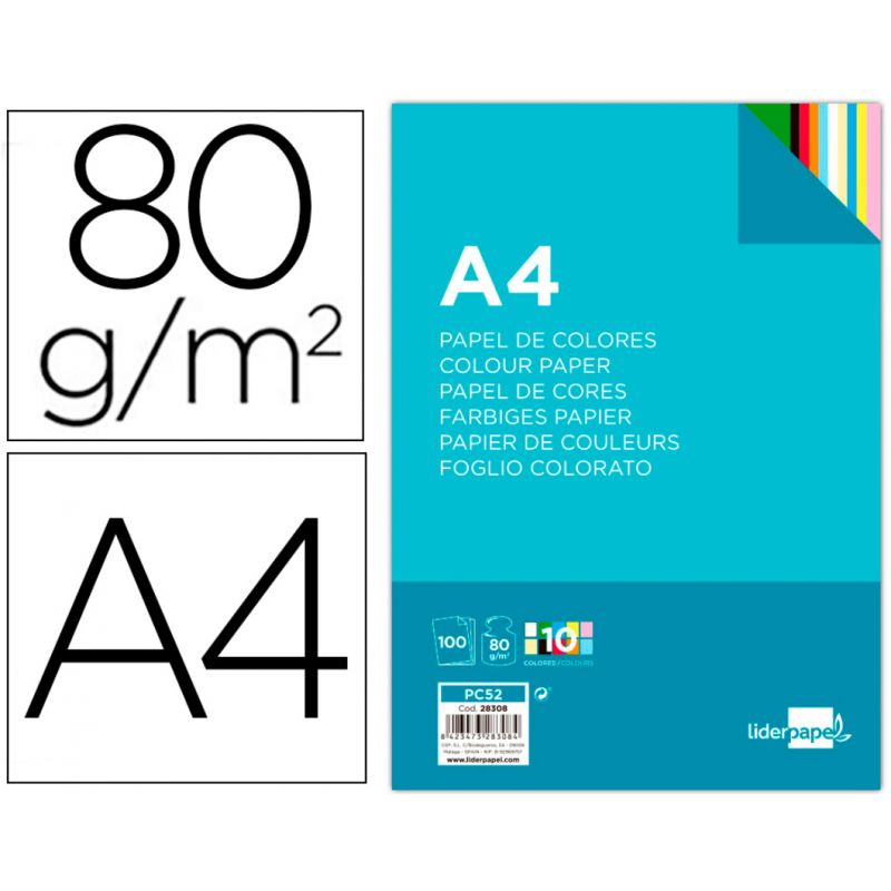 Papier couleur liderpapel multifonction a4 80g/m2 10 coloris assortis paquet 100 feuilles.