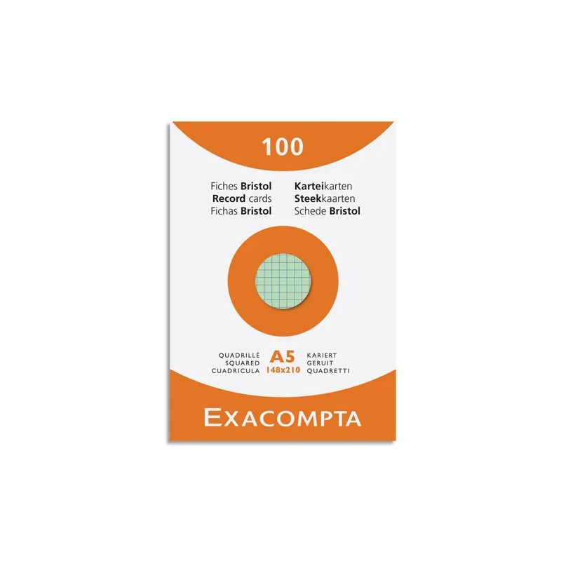 EXACOMPTA Etui de 100 fiches bristol non perforées 148x210mm (A5) quadrillées 5x5 assortis