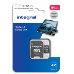 INTEGRAL Carte Micro SDXC+adaptateur 64Go V30 U3 A1 Class 10 UHS-I 100MB/s