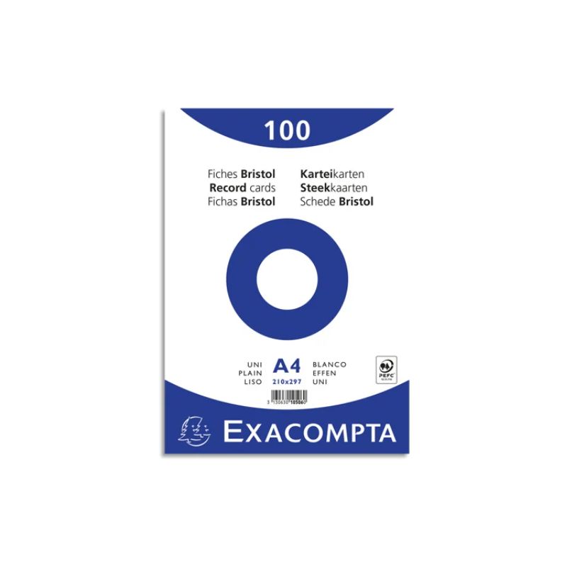 EXACOMPTA Sachet de 100 fiches bristol (sous-film) non perforées 210x297mm (A4) unies Blanc