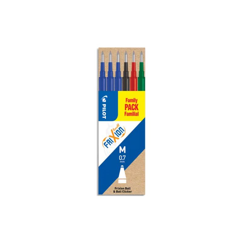 PILOT Set de 6 recharges FriXion 3 Bleu, Noir, Rouge, Vert - Pointe moyenne