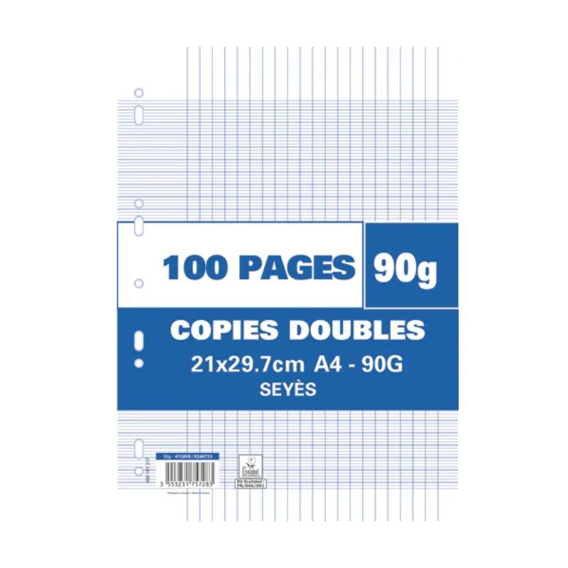 NEUTRE Sachet de 100 pages copies doubles A4 grands carreaux 90g perforées