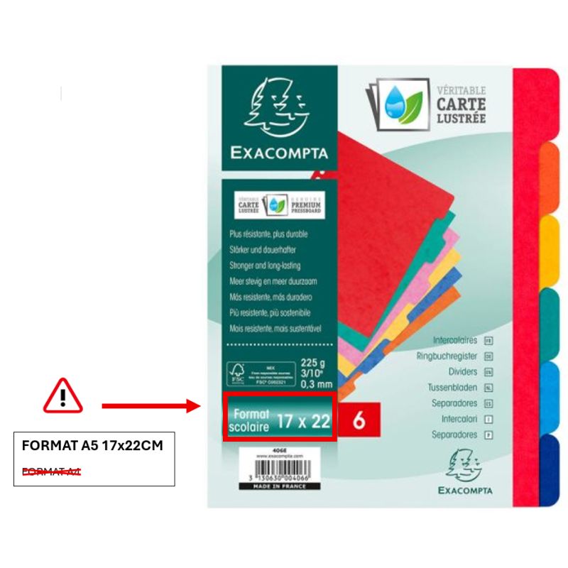 EXACOMPTA Jeu d'intercalaires 6 positions en carte lustrée 3/10e format 22x17 cm 225g