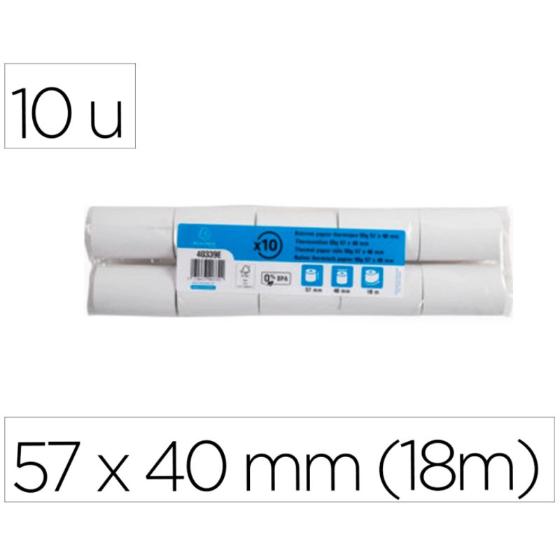 Bobine thermique exacompta tickets carte bancaire 1 pli sans bpa 57x40mm mandrin 12mm métrage 18m lot 10 rouleaux.