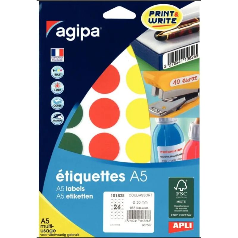 Pastille adhésive apli agipa diamètre 30mm coloris assortis pochette 168 unités.